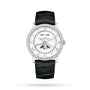 The Blancpain Villeret Quantième Complet features a white dial with Roman numerals, day and month windows, complete calendar with moon phase display, and a black leather strap.