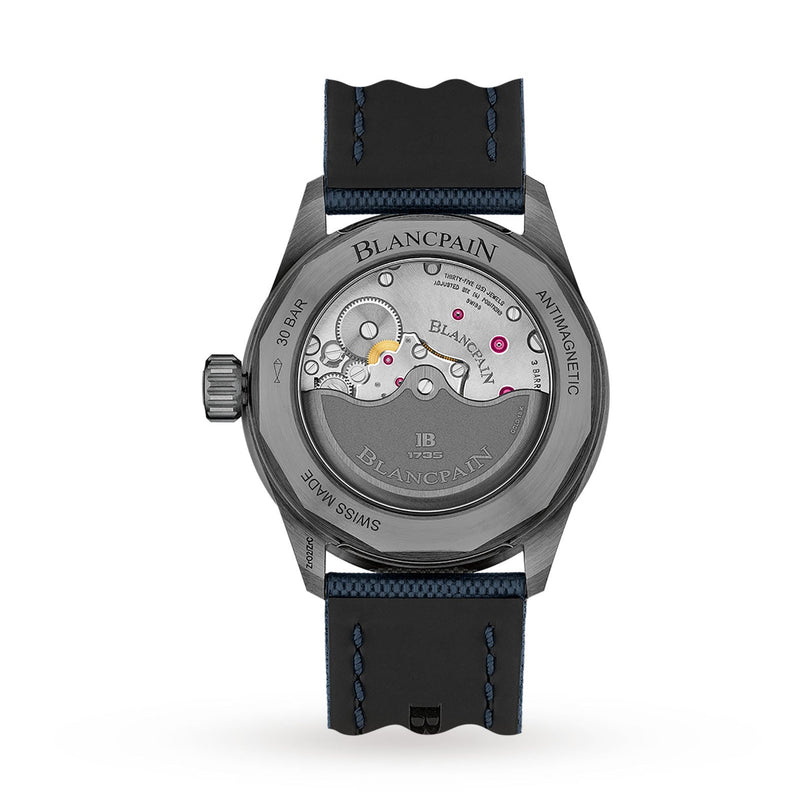 Back view of the Blancpain Fifty Fathoms Bathyscaphe showcasing its automatic movement through a sapphire caseback, ceramic case, black strap with blue stitching, and engraved technical details.