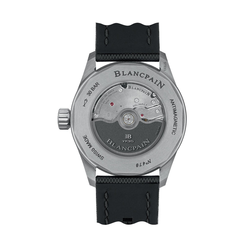 The image shows the back of a Blancpain Fifty Fathoms Bathyscaphe Quantième Complet Phases de Lune, featuring a visible automatic movement, black strap, and engraved labels like “30 BAR,” “ANTIMAGNETIC,” and “SWISS MADE.”.