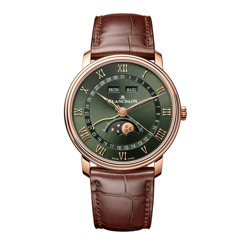 The Blancpain Villeret Quantième Complet features a green dial with Roman numerals, day and month windows, moonphase display, and a brown leather strap.