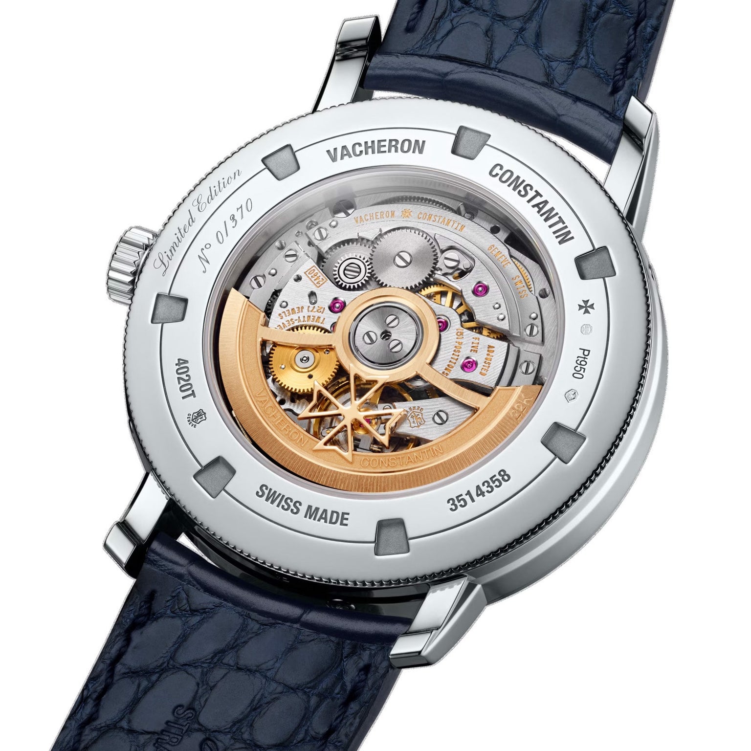 The back of the Vacheron Constantin Traditionnelle Complete Calendar Openface reveals its exposed mechanical movement, labeled parts, and dark patterned leather strap—a stunning limited edition wristwatch.