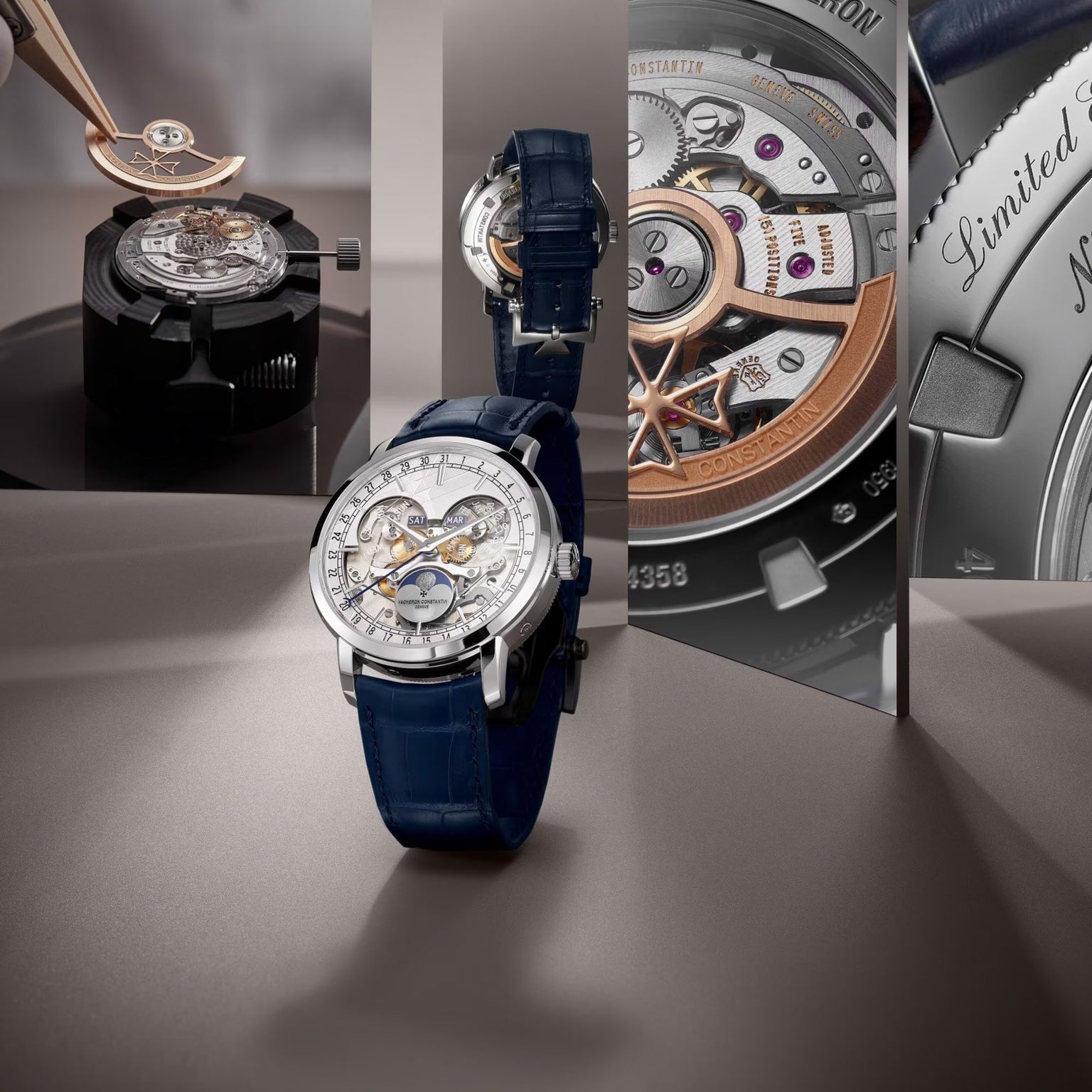 The Vacheron Constantin Traditionnelle Complete Calendar Openface, a luxury platinum skeleton watch with a blue leather strap, is displayed upright amid reflective panels revealing its detailed engravings, openwork movement, and calendar complications.