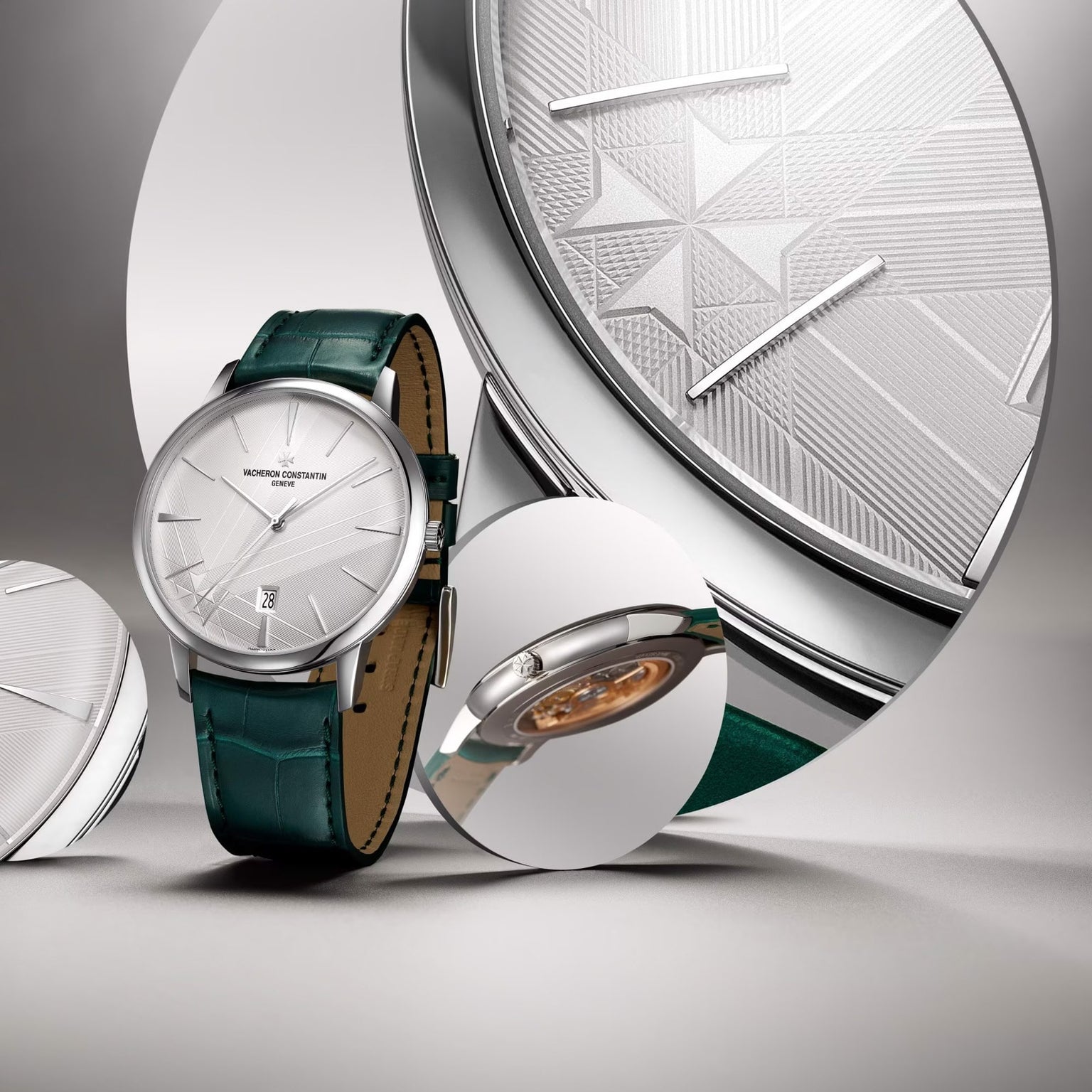 The Vacheron Constantin Patrimony Self-Winding is showcased with a green leather strap, close-ups of its textured dial, Geneva Seal, and unique side profile emphasize its refined design and craftsmanship.
