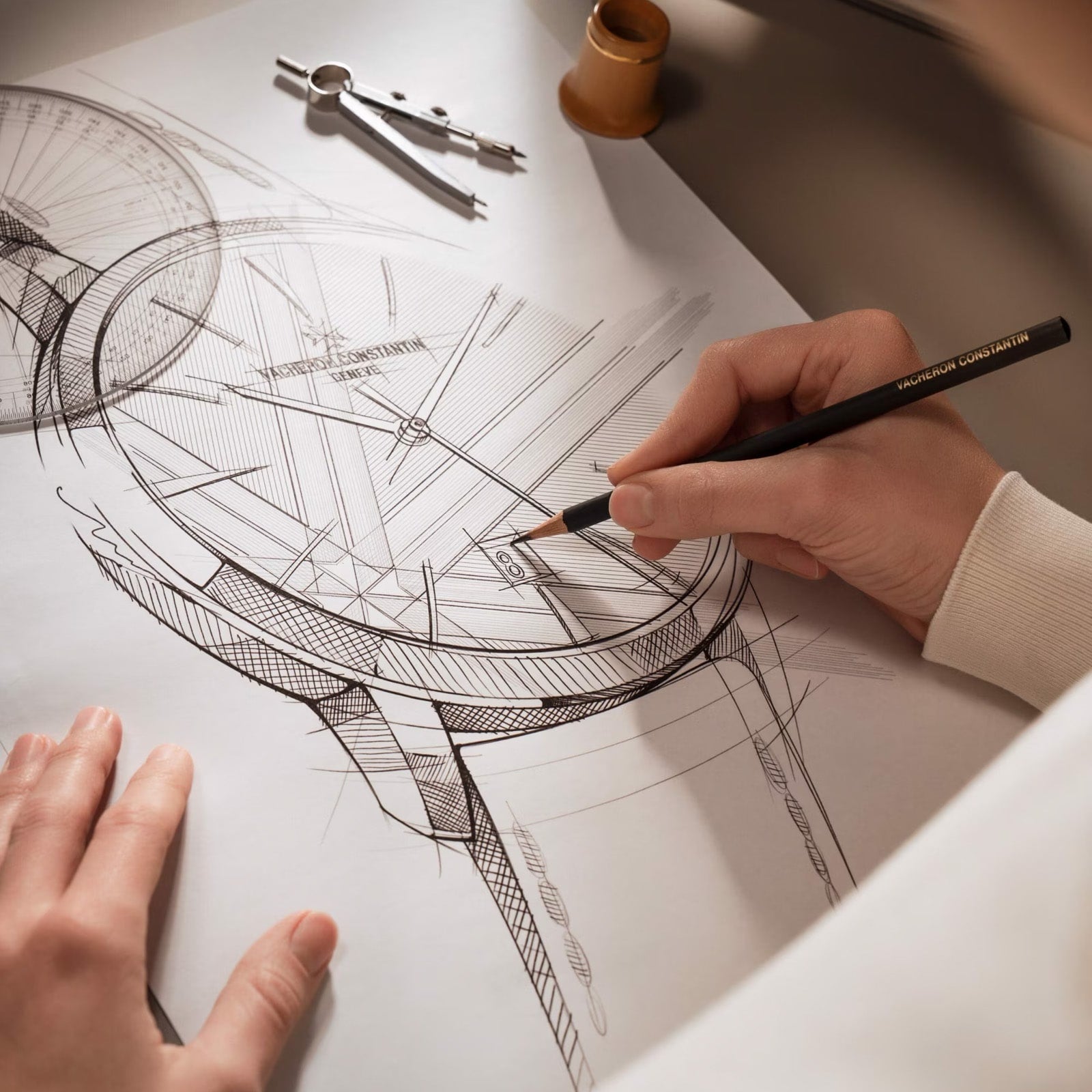 A person sketches a detailed technical drawing of the Vacheron Constantin Patrimony Self-Winding watch on white paper, with a pencil, compass, and inkwell nearby.