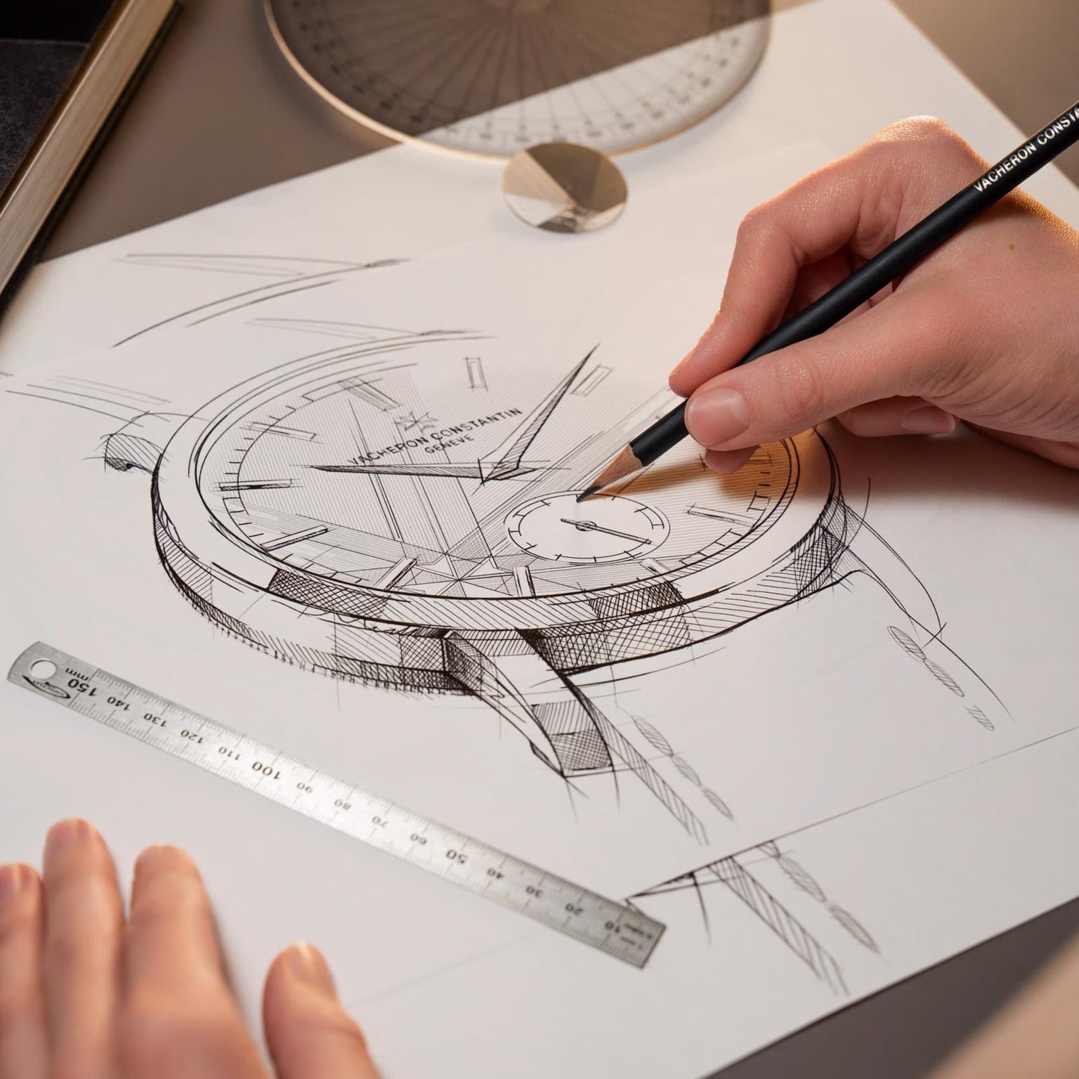 Using a pencil, someone sketches a detailed drawing of the Vacheron Constantin Traditionnelle Manual-winding watch on white paper, with a ruler and protractor placed nearby on the desk.
