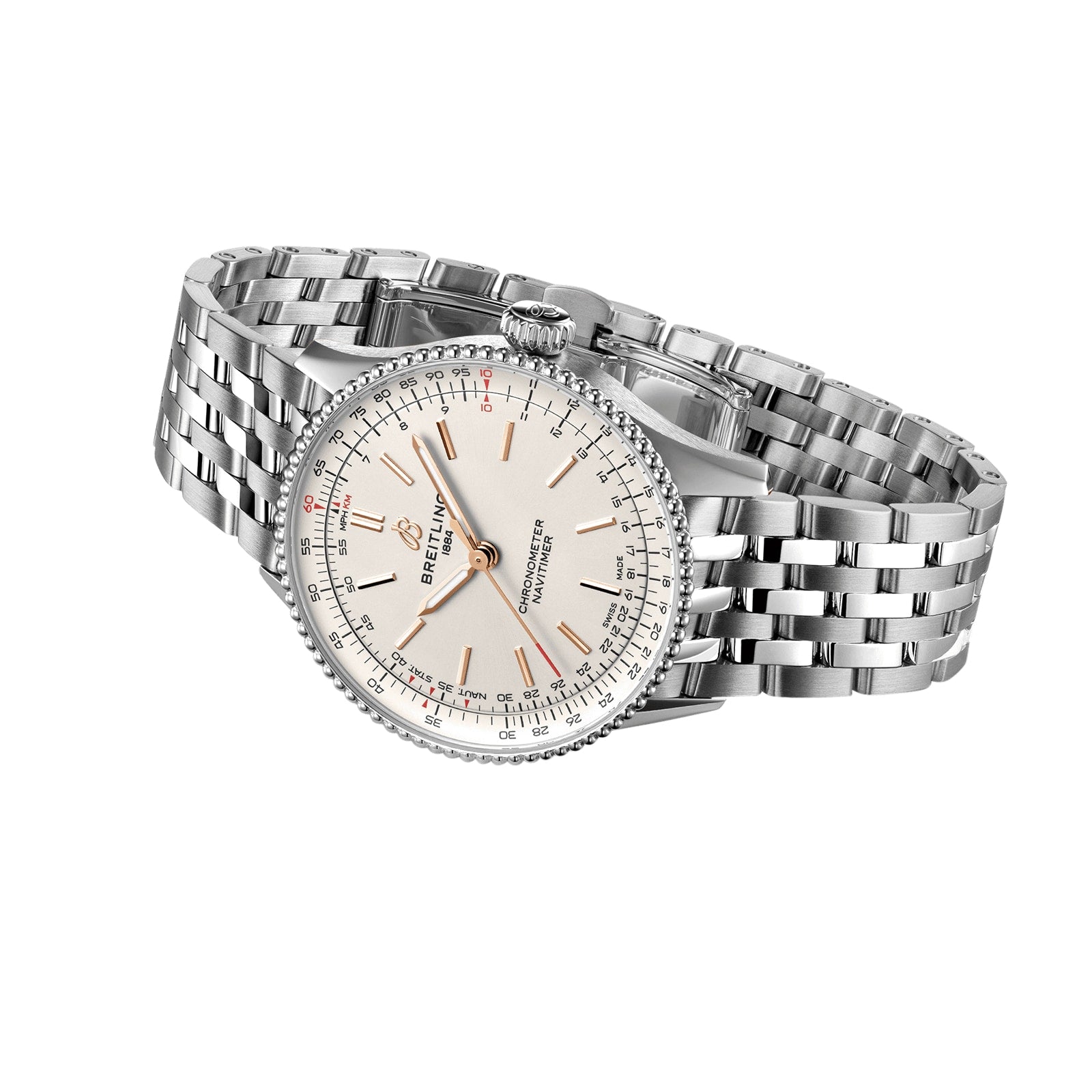 The Breitling Navitimer Automatic 36 features a cream dial, date display, and stainless steel bracelet, shown at an angle on a white background.