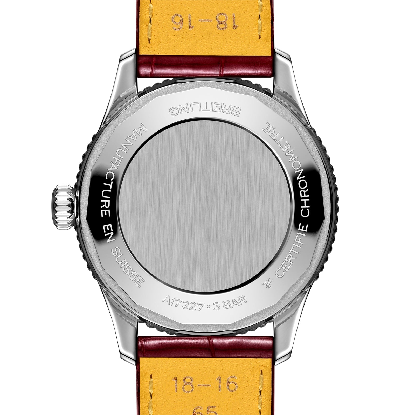 The image displays the back of a Breitling Navitimer Automatic 36, featuring a 36mm stainless steel case, leather strap, and engraved manufacturer details around the edge.