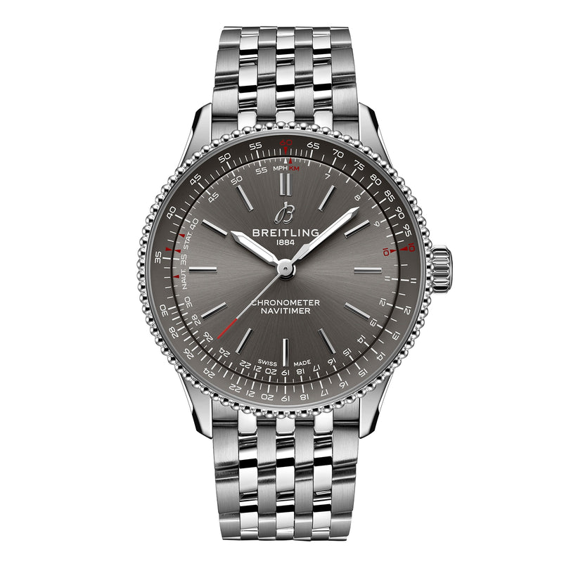 The Breitling Navitimer Automatic 36 is a stainless steel wristwatch featuring a gray dial, metal bracelet, chronograph functions, and a date indicator.