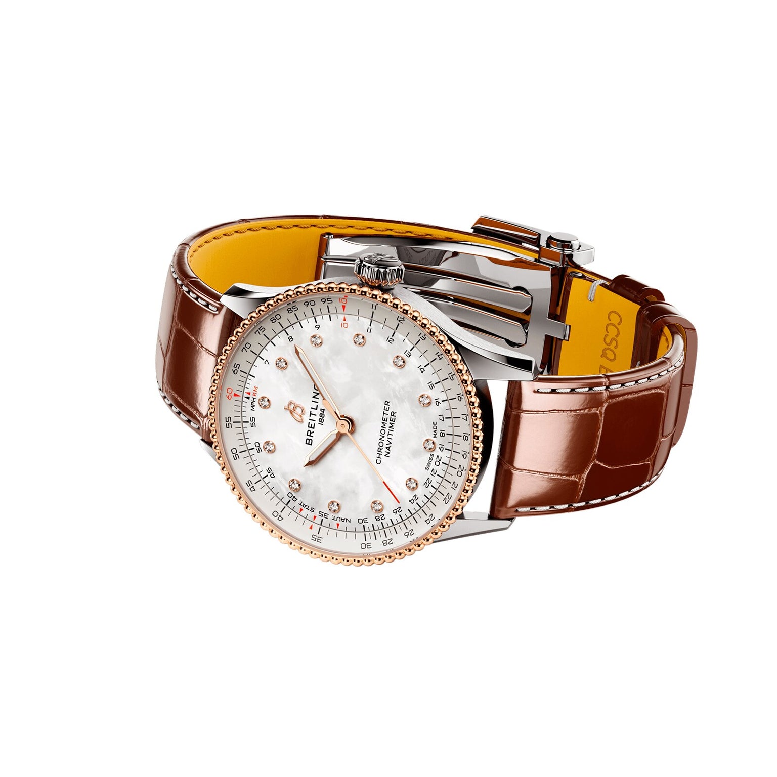 The Breitling Navitimer Automatic 36 features a brown leather strap, silver and rose gold case, white dial, and diamond hour markers.