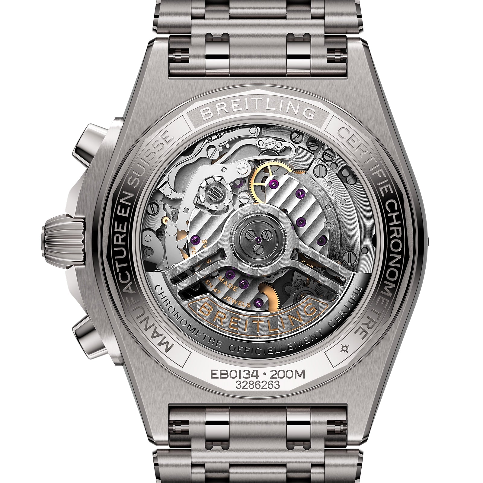 Close-up of the back of a Breitling Chronomat B01 42, showcasing its exposed automatic movement, engraved details, and sleek metal bracelet.