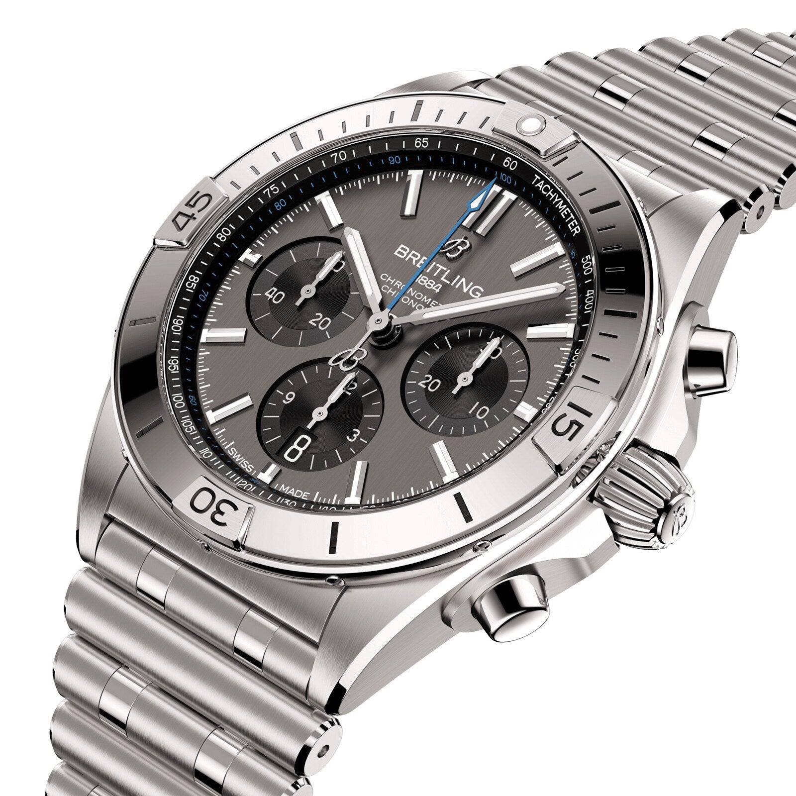 The Breitling Chronomat B01 42 is a stainless steel chronograph watch with a grey dial, three subdials, tachymeter scale, metal link bracelet, and is powered by the acclaimed Breitling 01 calibre.