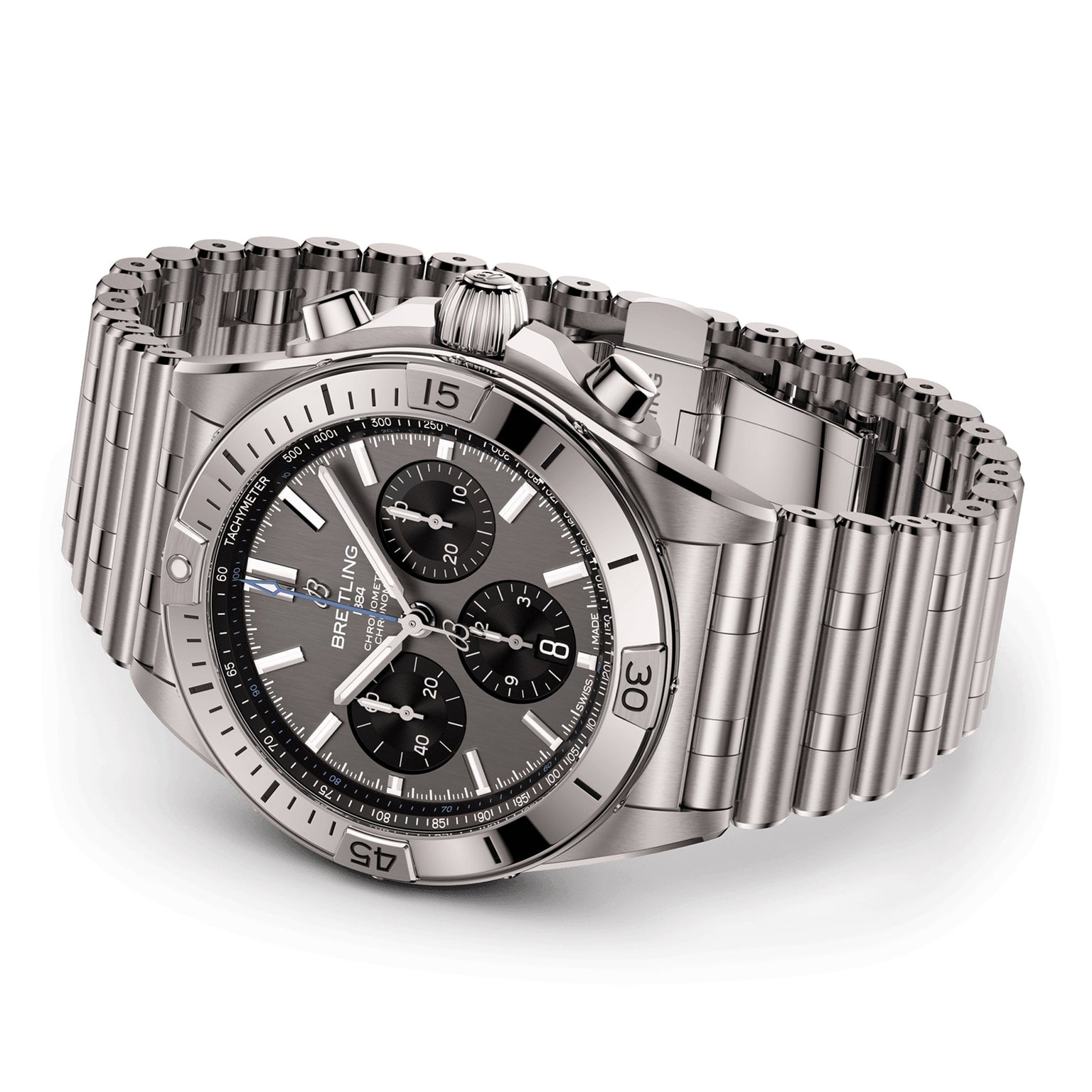The Breitling Chronomat B01 42 is a chronograph watch with a black dial, three subdials, date display, and silver link bracelet, powered by the Breitling 01 calibre movement and displayed on a white background.