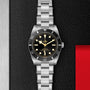 The TUDOR Black Bay 54 silver dive watch with a black dial, black bezel, luminous markers, and stainless steel bracelet is displayed on a textured black surface next to a red accent.