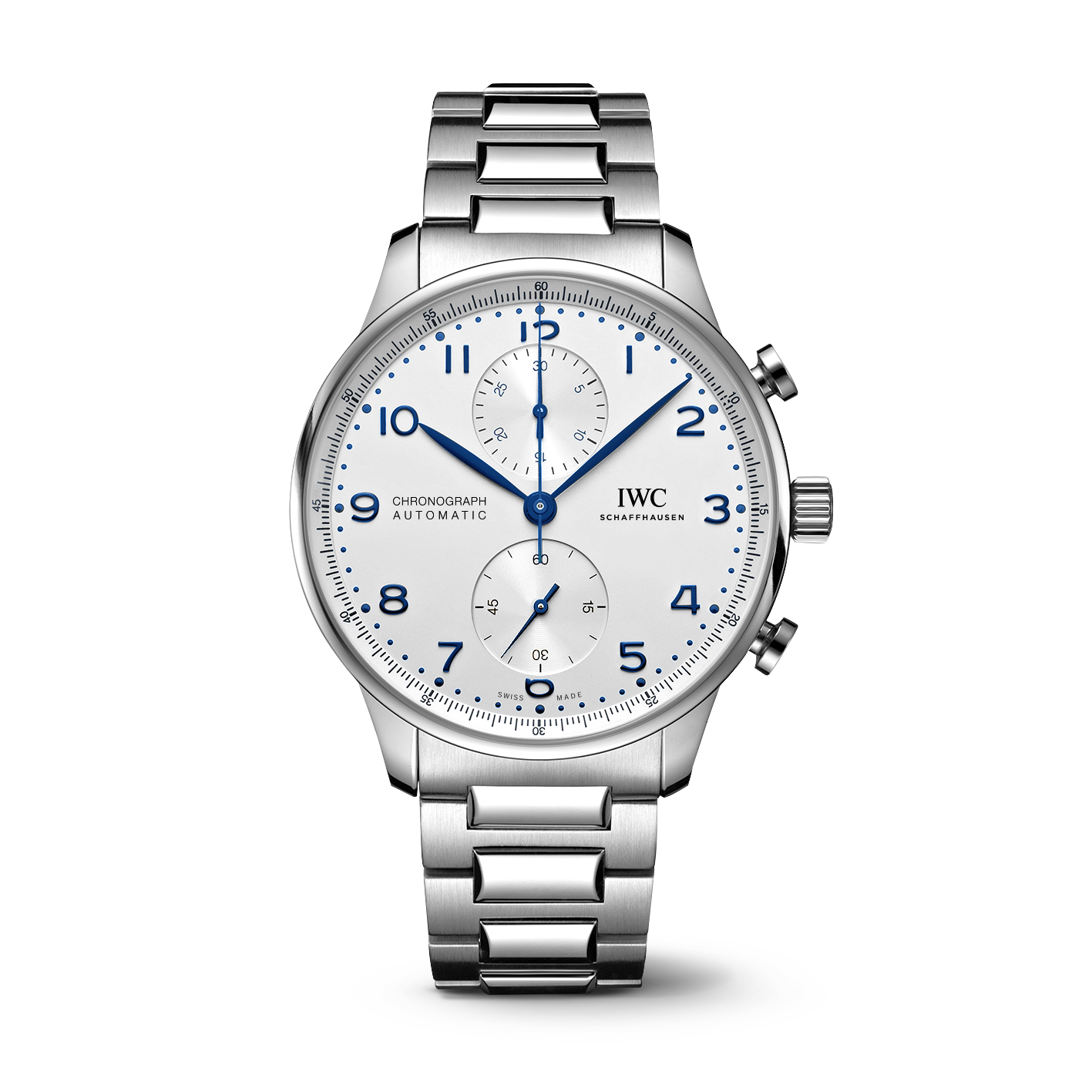 The IWC Schaffhausen Portugieser Chronograph features blue hands, Arabic numerals, and a stainless steel bracelet.