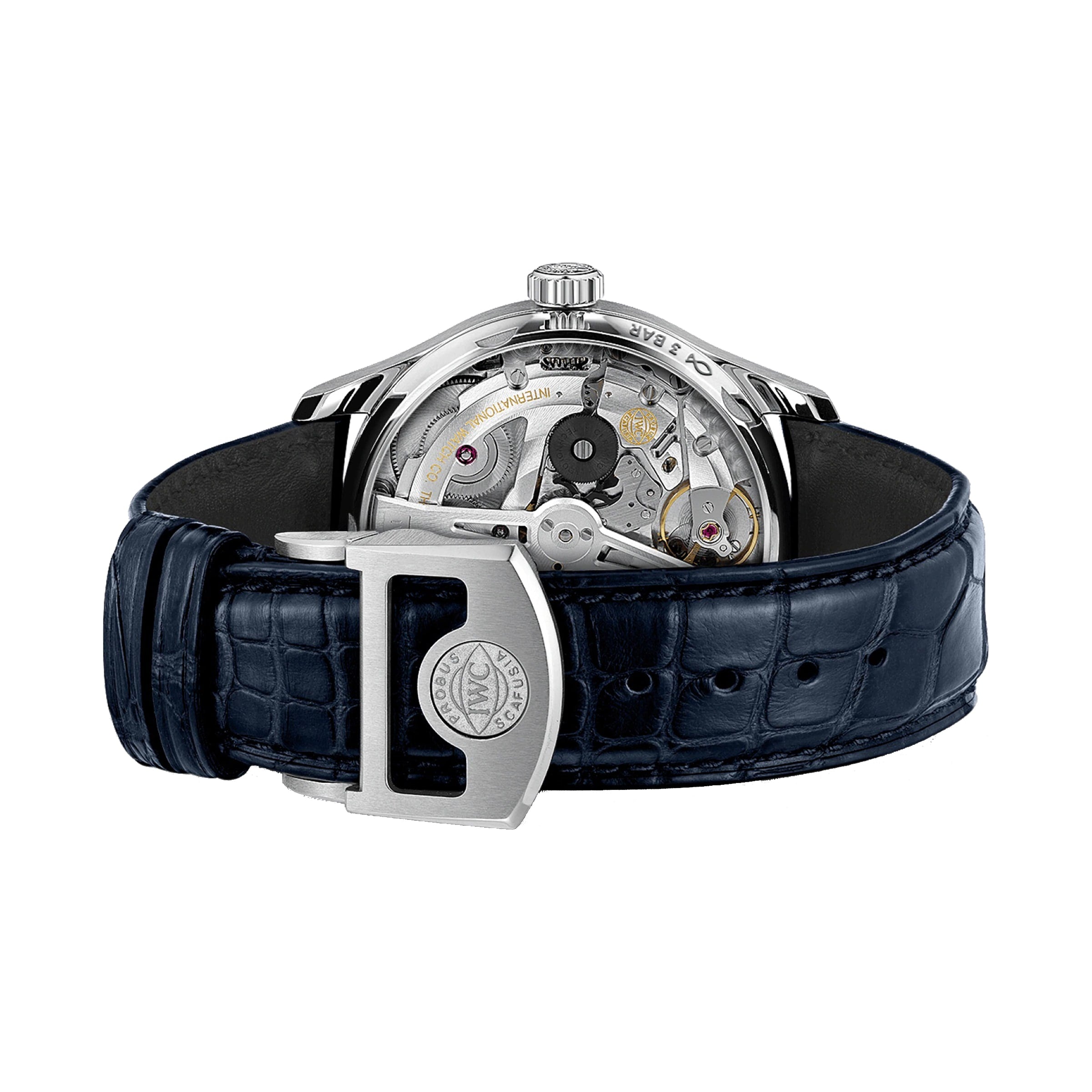 The IWC Schaffhausen Portugieser Automatic is a luxury wristwatch featuring a visible mechanical movement, silver case, and dark blue alligator leather strap with metal clasp.