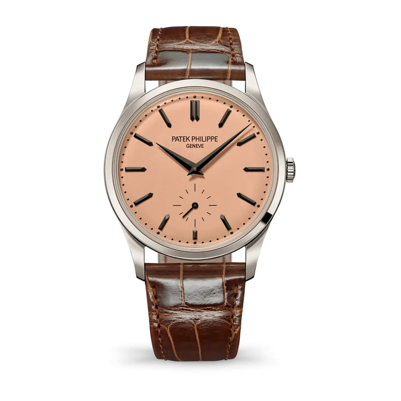 The Patek Philippe Calatrava Platinum 6196P-001 is a luxury watch featuring a platinum case with the signature Patek Philippe Genève mark.