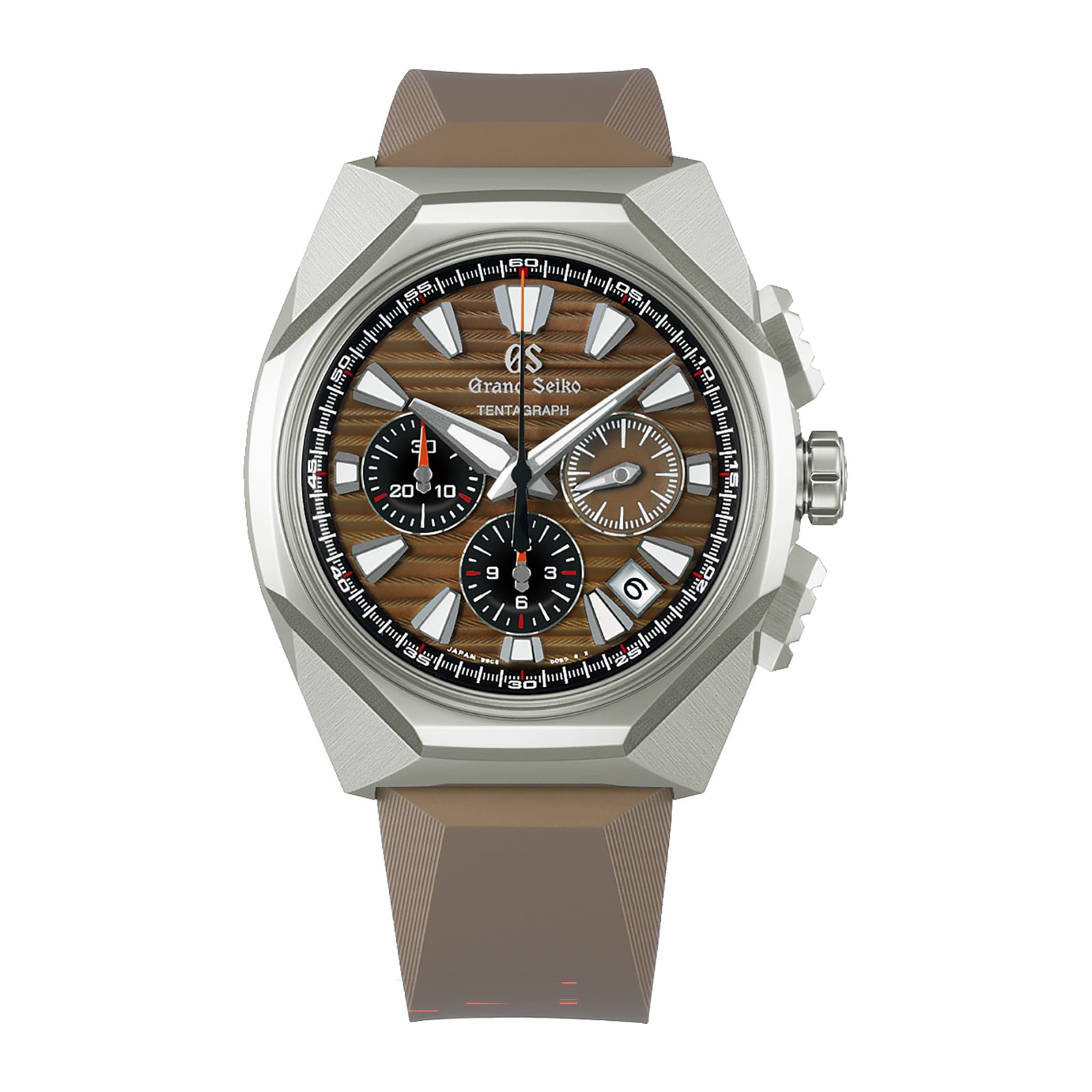 The Grand Seiko Hi-Beat 36000 Automatic Chronograph SLGC007 Evolution 9 features a brown patterned dial with three subdials, a date window, and a stylish brown rubber strap.