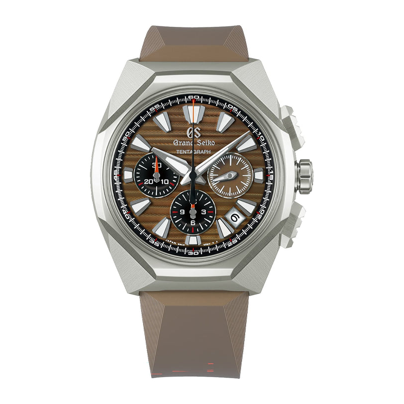 The Grand Seiko Hi-Beat 36000 Automatic Chronograph SLGC007 Evolution 9 features a brown patterned dial with three subdials, a date window, and a stylish brown rubber strap.