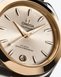 OMEGA Seamaster Aqua Terra 150M 30mm, Moonshine™ gold on steel, Moonshine™ gold Bezel, Silver Dial Watch with a Moonshine™ gold on steel integrated two-tone bracelet.