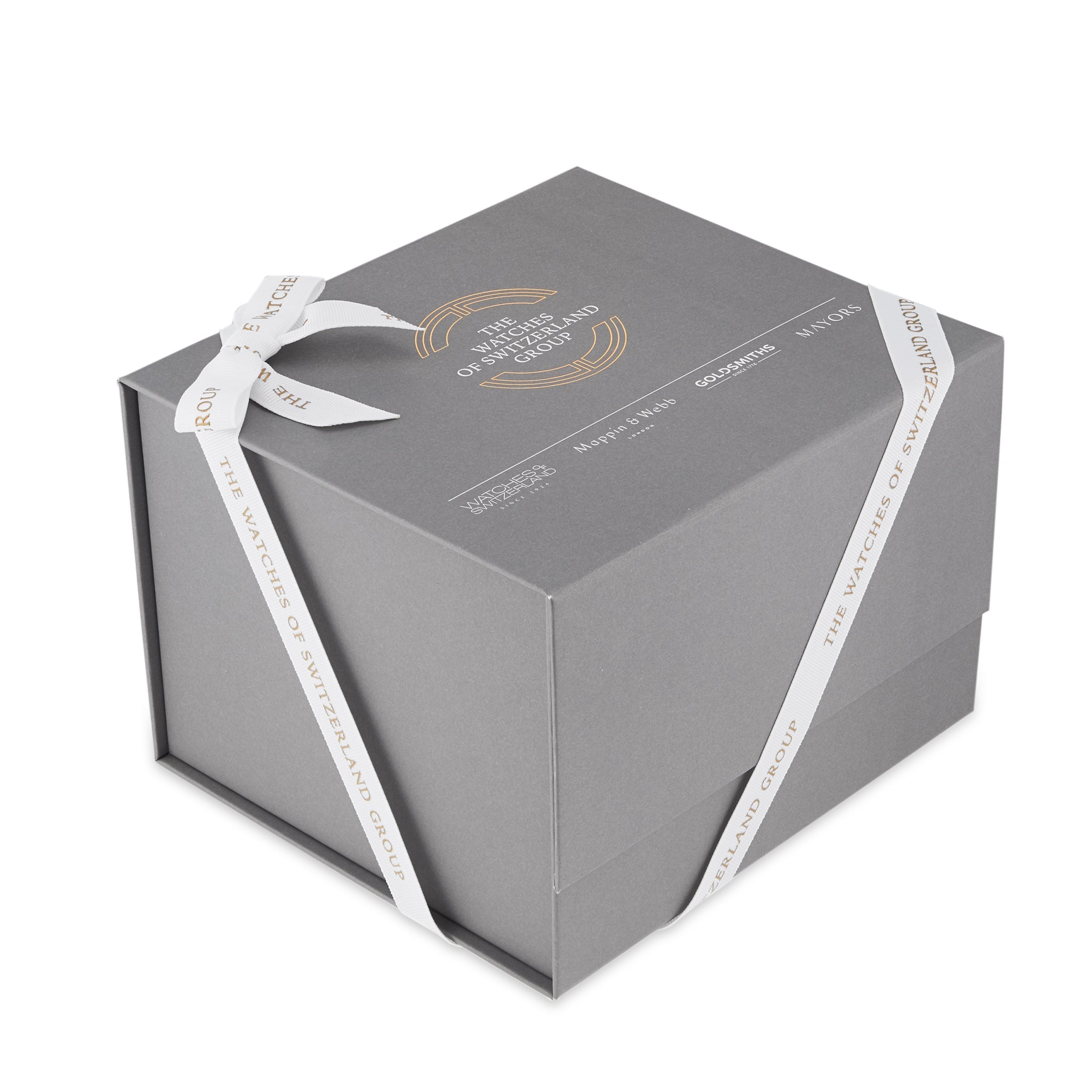 A gray gift box with white ribbon and gold and white text, branded by TAG Heuer—ideal for celebrating the Connected Calibre E4 Golf Edition or presenting an ultra-light titanium timepiece.