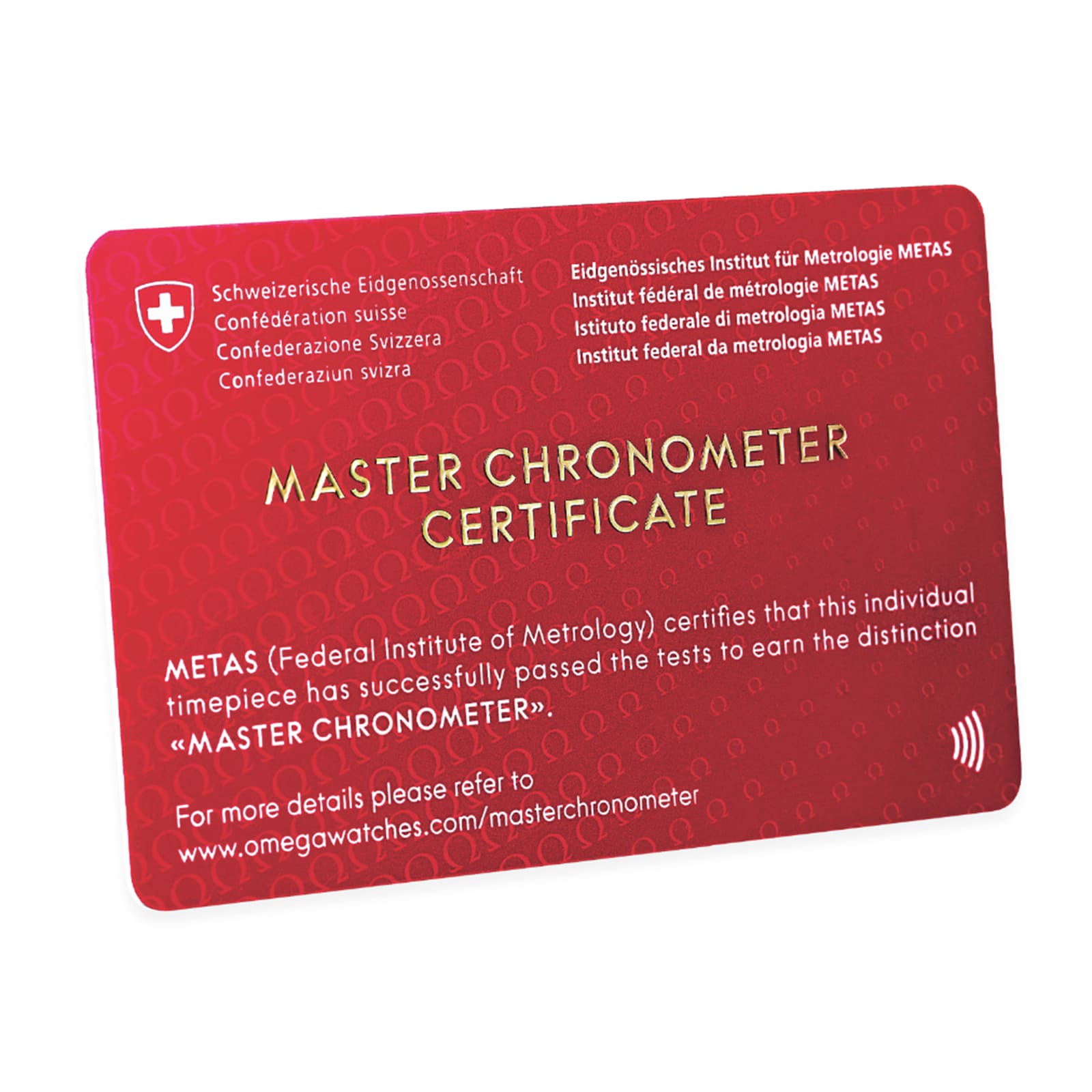 A red Master Chronometer Certificate card from METAS certifies the OMEGA Speedmaster Moonwatch Professional has passed rigorous tests for OMEGA Master Chronometers.