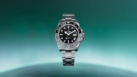 A stainless steel Rolex watch with a black dial and date display, set against a teal gradient background.