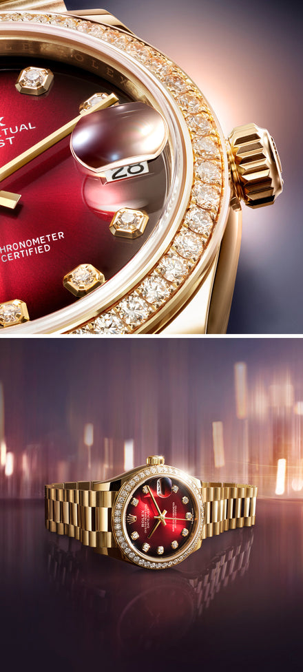 Gold and diamond luxury wristwatch with a red dial and date display, shown in close-up and full view.